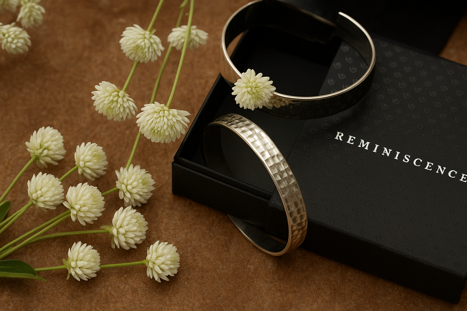 A picture of white flowers with two beautiful silver bracelets